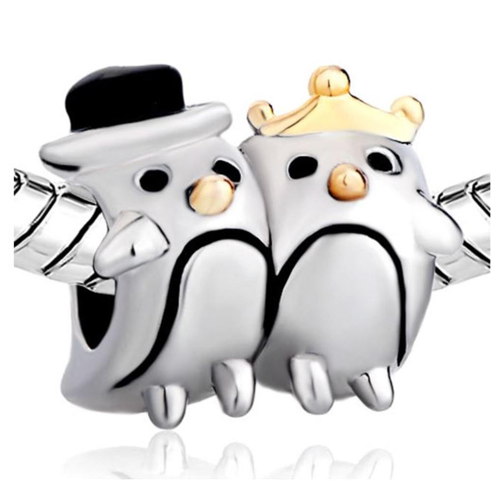 FREE S/H  Mr and Mrs Penguin 22kt Gold Plate Bracelet Charm - Fits Pandora